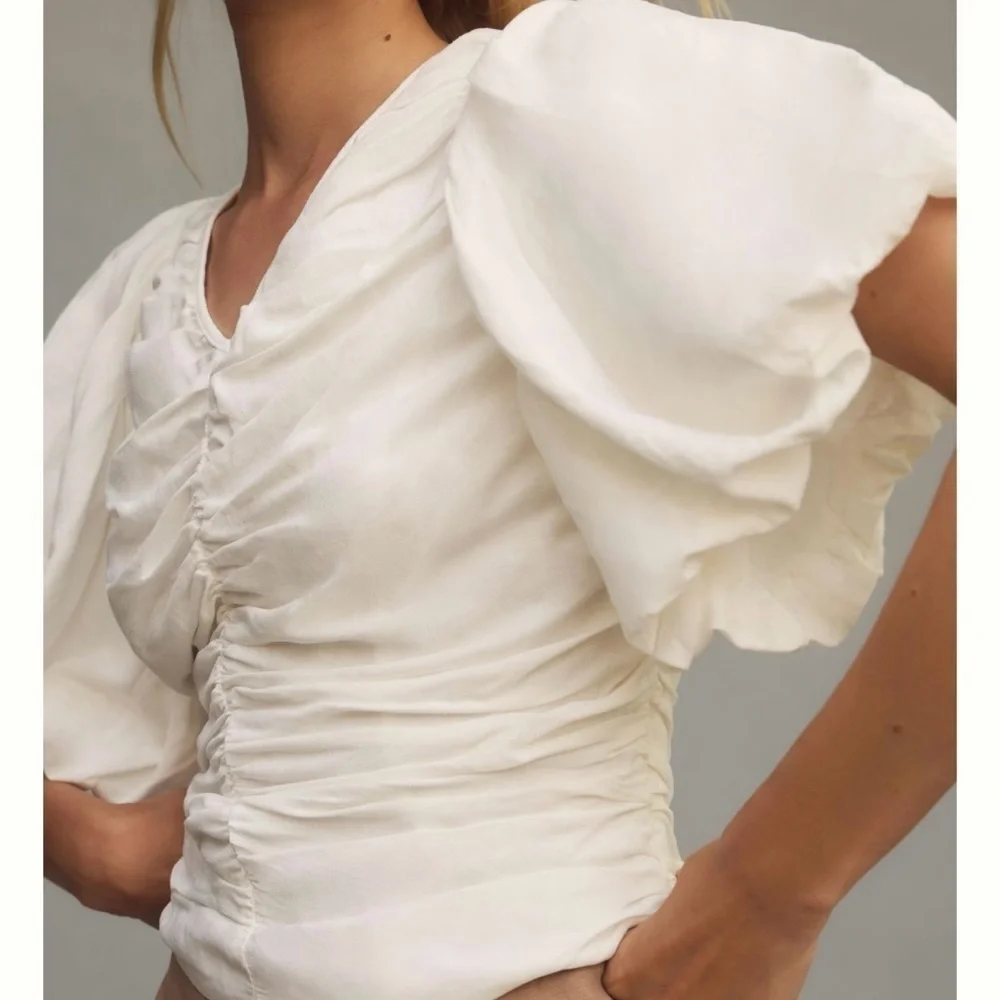 Anthropologie Pilcro Ruched Puff-Sleeve Top XL White Tie String Back New